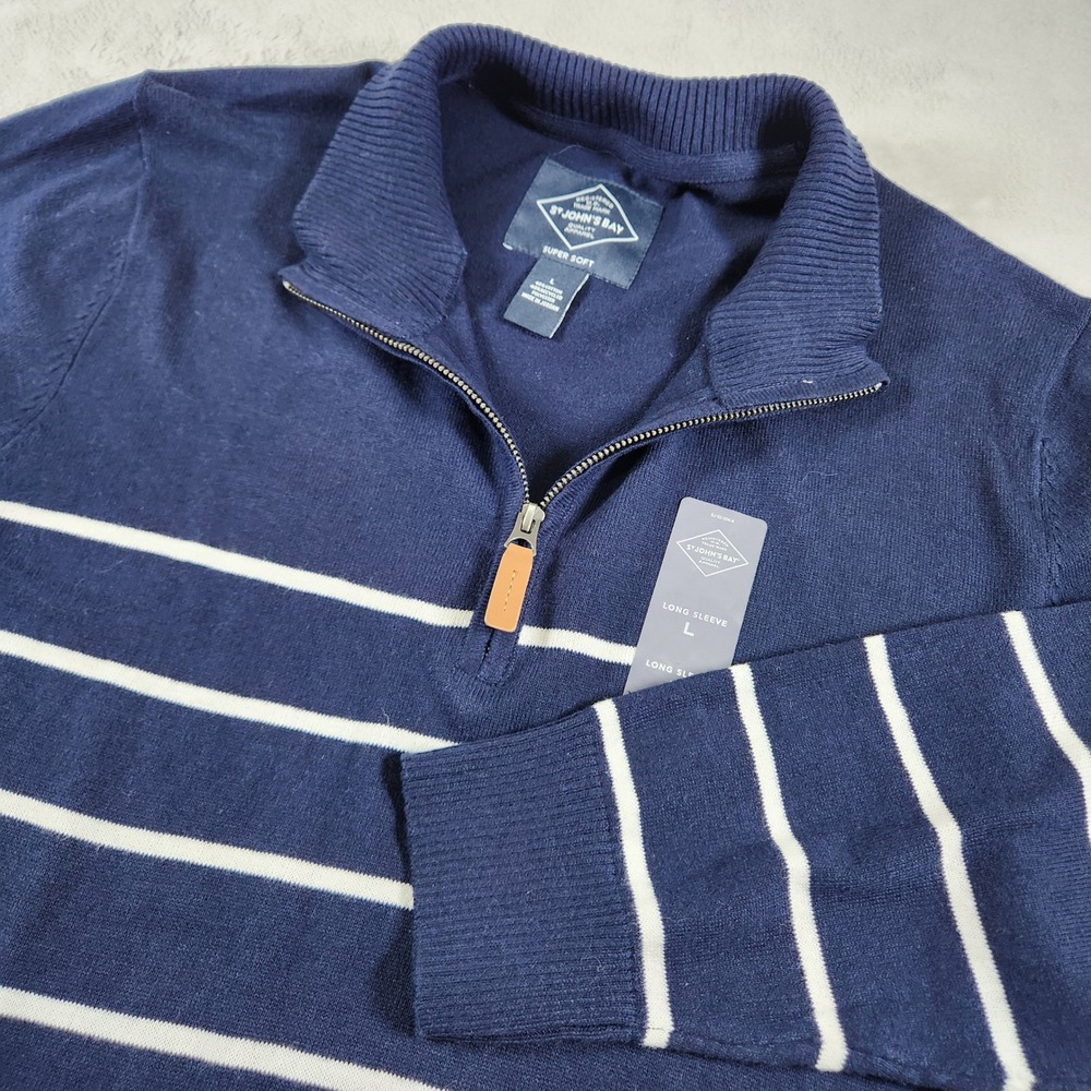 St Johns Bay Mens Navy Blue White Striped Quarter Zip Sweater Large NWT